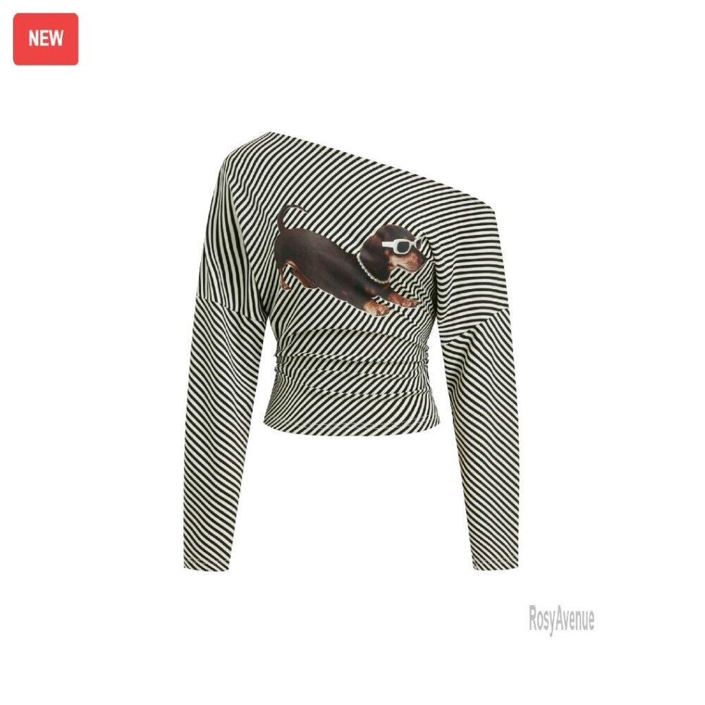 Striped One Shoulder Long Sleeve Tee with Dog Print, Trendy Top